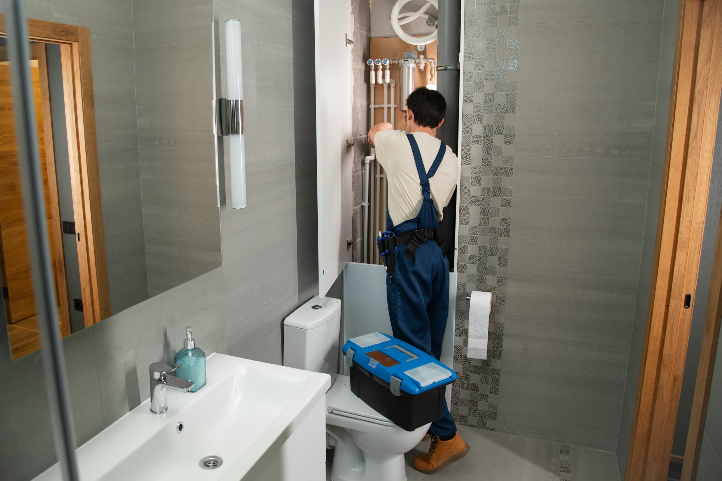 Plumber working on supply lines behind an access panel in a finished bathroom